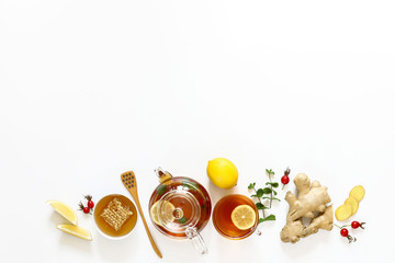 Hot drink, tea with ginger, lemon, honey