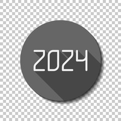 2024 number icon. Happy New Year. flat icon, long shadow, circle, transparent grid. Badge or sticker style