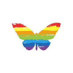 butterfly icon. Drawing sign with LGBT style, seven colors of rainbow (red, orange, yellow, green, blue, indigo, violet