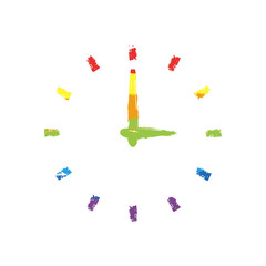 Simple icon of clock. Drawing sign with LGBT style, seven colors of rainbow (red, orange, yellow, green, blue, indigo, violet