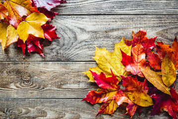 Naklejka na ściany i meble autumn leaves on wooden background