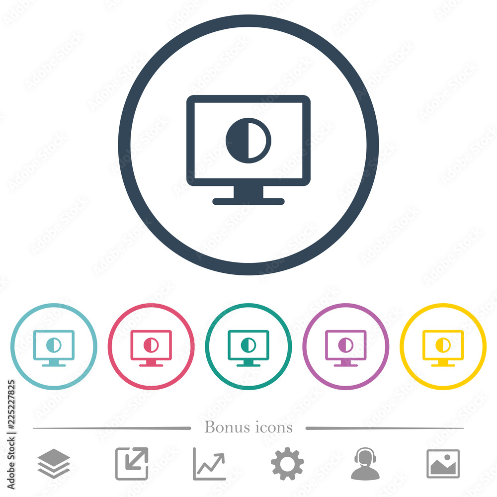 Poster Adjust screen contrast flat color icons in round outlines