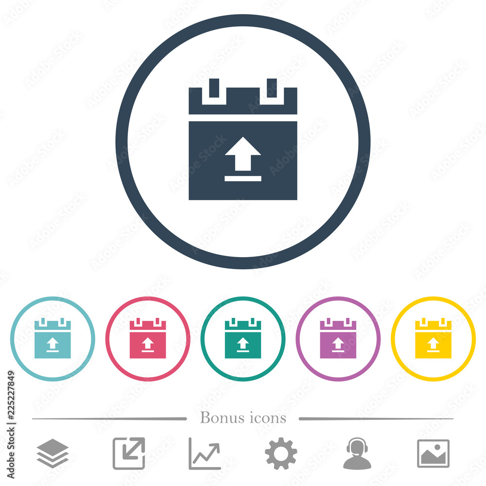 Poster upload schedule data flat color icons in round outlines