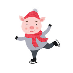 Cute Pig is skating. New year and Christmas card composition, handmade print. Vector illustration.