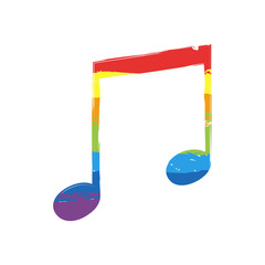 Music note icon. Drawing sign with LGBT style, seven colors of rainbow (red, orange, yellow, green, blue, indigo, violet