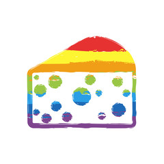 piece of cheese icon. Drawing sign with LGBT style, seven colors of rainbow (red, orange, yellow, green, blue, indigo, violet