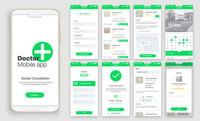 Design of mobile app, UI, UX, GUI. Set of user registration screens, account sign in, sign up, home page, news search, concept chat Messenger and settings