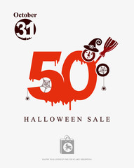 Halloween Sale 50 discounts. Vector banner of holiday sale cheerful witch. Red blood drawn figures 50%. Sign of interest in the form of a head in a witch's hood and witch's broomstick.
