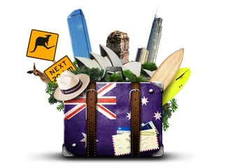 Papier Peint photo Lavable Australie Australie, valise rétro avec chapeau et attractions Australie