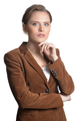 Pensive young woman isolated on white background