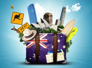 Acrylic prints Australia Australia, retro suitcase with hat and attractions Australia