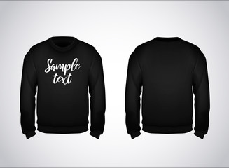 Black men's sweatshirt template with sample text front and back view. Hoodie for branding or advertising.
