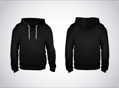 Black men's sweatshirt template with sample text front and back view. Hoodie for branding or advertising.