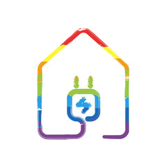 house with electric power plug icon. line style. Drawing sign with LGBT style, seven colors of rainbow (red, orange, yellow, green, blue, indigo, violet