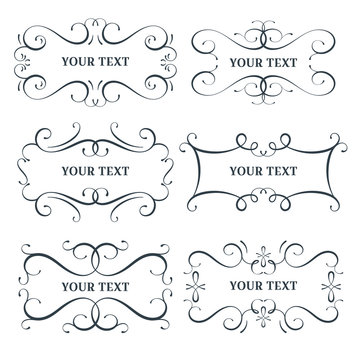 Vector flourish frames set, scroll border collection, place for text and sign, curl decoration elements, vintage divider decor
