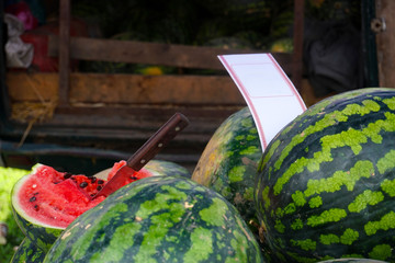 Cut watermelon with a knife and an empty price tag
