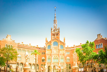 Fototapeta na wymiar Hospital Sant Pau at summer morning, Barcelona, Spain, toned