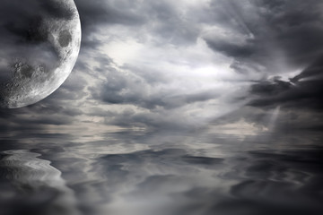 Big moon over water scifi landscape