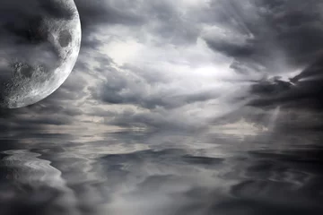 Papier Peint photo autocollant Gris foncé Big moon over water scifi landscape