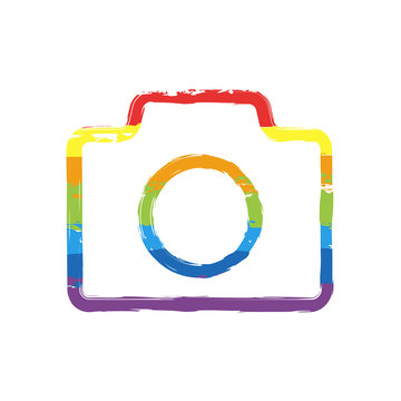 Photo camera, linear symbol with thin outline, simple icon. Drawing sign with LGBT style, seven colors of rainbow (red, orange, yellow, green, blue, indigo, violet