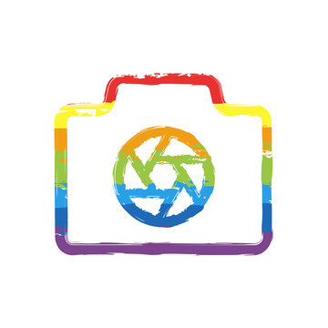 Photo camera with shutter, linear symbol with thin outline, simple icon. Drawing sign with LGBT style, seven colors of rainbow (red, orange, yellow, green, blue, indigo, violet