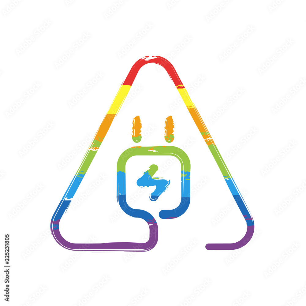 Poster electric power plug in warning triangle. simple linear icon with thin outline. one line style. drawi