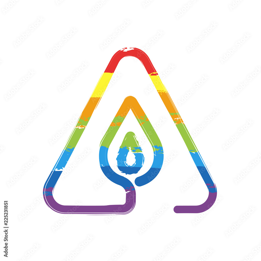 Poster fire flame in warning triangle. linear symbol with thin outline. one line style. simple icon. drawin
