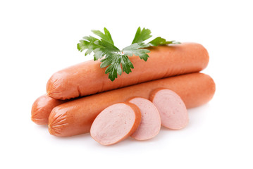 Three sausages with ​​slices and fresh parsley isolated on white background