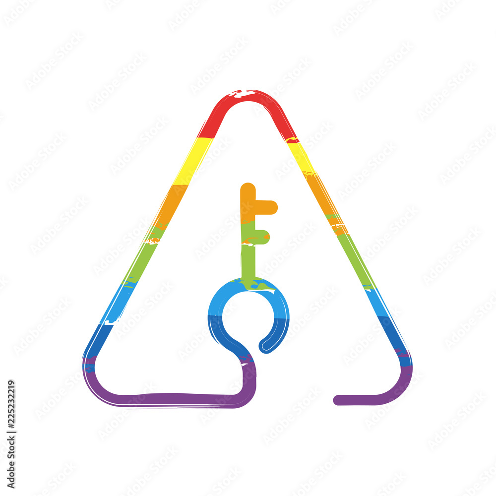 Poster key in warning triangle. linear icon with thin outline. one line style. drawing sign with lgbt style