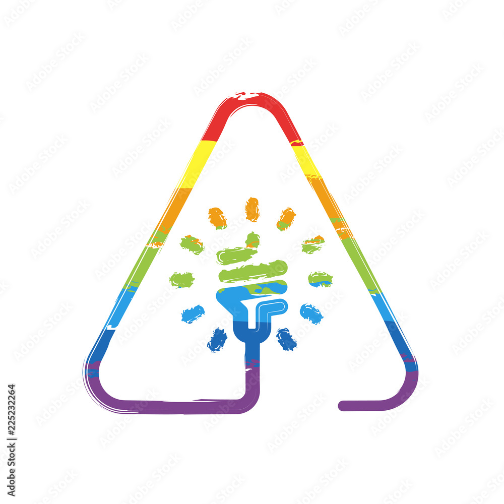 Poster led lamp in warning triangle. linear icon with thin outline. one line style. drawing sign with lgbt 