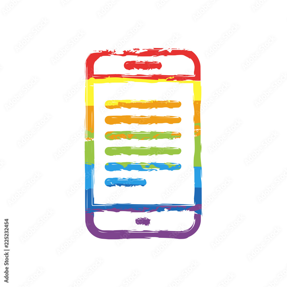 Poster mobile phone with text on screen. simple linear icon with thin outline. drawing sign with lgbt style