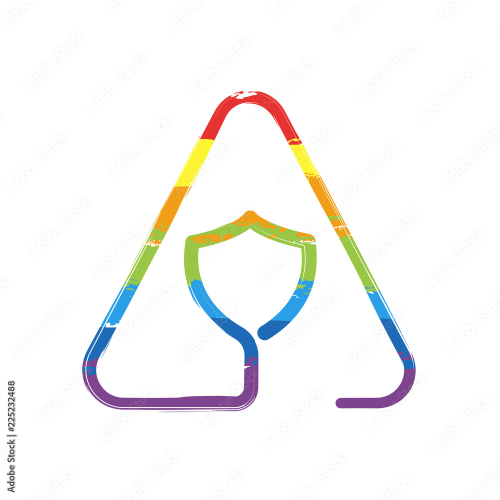 Aufkleber shield in warning triangle. problem with protect. linear icon with thin outline. one line style. dra