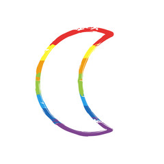 Simple moon. Weather symbol. Linear icon with thin outline. Drawing sign with LGBT style, seven colors of rainbow (red, orange, yellow, green, blue, indigo, violet