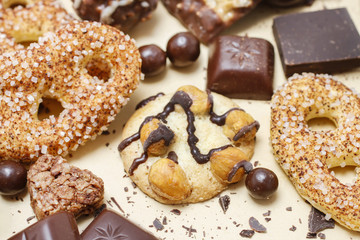Mix of sweets: cookies, chocolates and pralines