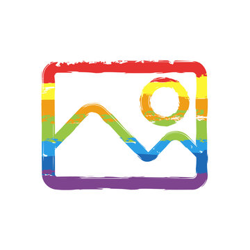 Picture with couple of mountains and sun. Simple linear icon. Drawing sign with LGBT style, seven colors of rainbow (red, orange, yellow, green, blue, indigo, violet