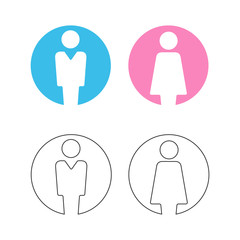 Vector male and female icon set. Gentleman and lady toilet sign. Man and woman user avatar. Flat and linear design style. Editable stroke.