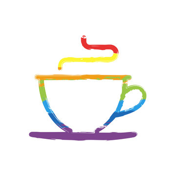Simple cup of coffee or tea. Linear icon, thin outline. Drawing sign with LGBT style, seven colors of rainbow (red, orange, yellow, green, blue, indigo, violet
