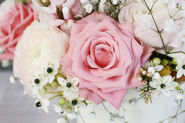 Bouquet of roses, matthiolas and ranunculus flowers