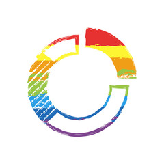 Business pie chart icon. Drawing sign with LGBT style, seven colors of rainbow (red, orange, yellow, green, blue, indigo, violet