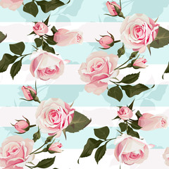 Pink roses on a mint green stripes vector seamless pattern Flowered background of botany illustrations