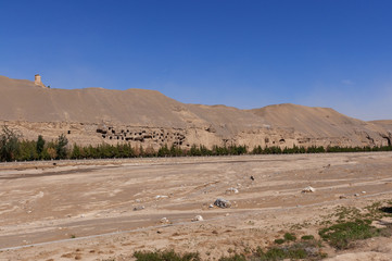 View of the Mogao Caves near the city of Dunhuang, in the Gansu Province, China.