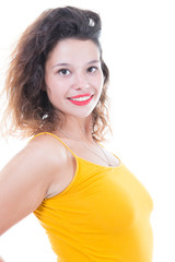 portrait of cheerful attractive modern woman smiling at camera and expressing positive emotions standing over white background