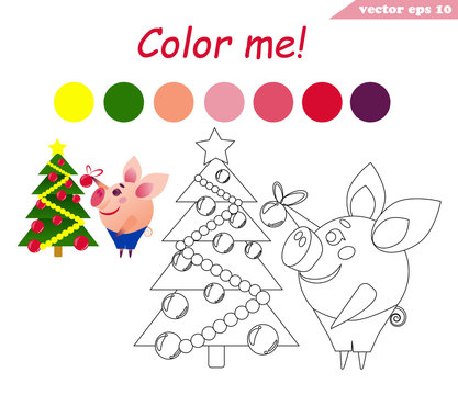 coloring book with pig decorating tree