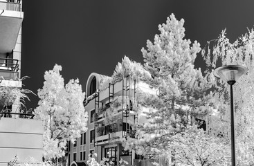 Modern apartment building in Strasbourg, infrared view, sunny day
