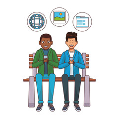 Men using smartphones with social media symbols