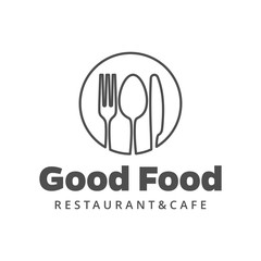 Fototapeta na wymiar Food vector logo with fork, knife and spoon. Isolated sign. Cutlery in circle form with company or restaurant name