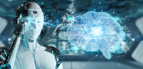 Naklejka na ściany i meble Robot creating artificial intelligence in a digital brain 3D rendering