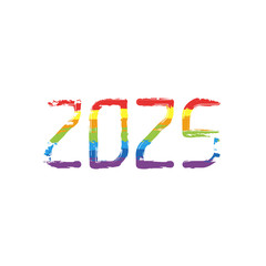 2025 number icon. Happy New Year. Drawing sign with LGBT style, seven colors of rainbow (red, orange, yellow, green, blue, indigo, violet