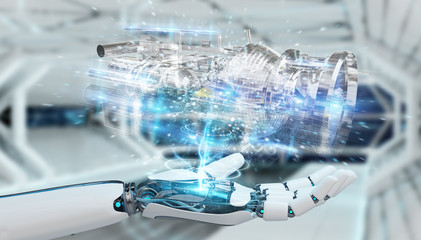 Cyborg using wireframe holographic 3D digital projection of an engine