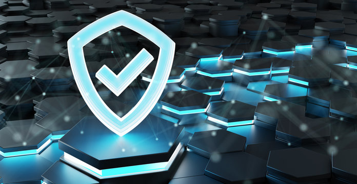 Black blue shield icon on hexagons background 3D rendering